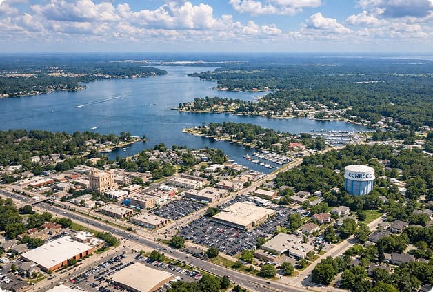 Aerial view of OnPoint Mechanical's office and industrial complex near a large water body.