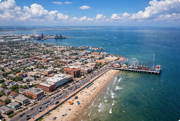 Aerial view of a coastal city with a pier, beach, and urban area, showcasing infrastructure and ocea.