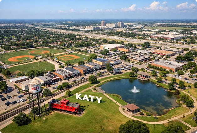 Aerial view of Katy, TX with OnPoint Mechanical signage and local landmarks.