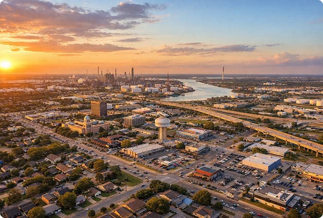Aerial view of OnPoint Mechanical's cityscape at sunset, showcasing urban infrastructure and industr.